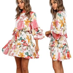 Petal & Pup White Floral Mini Dress with Pink and Yellow Blooms